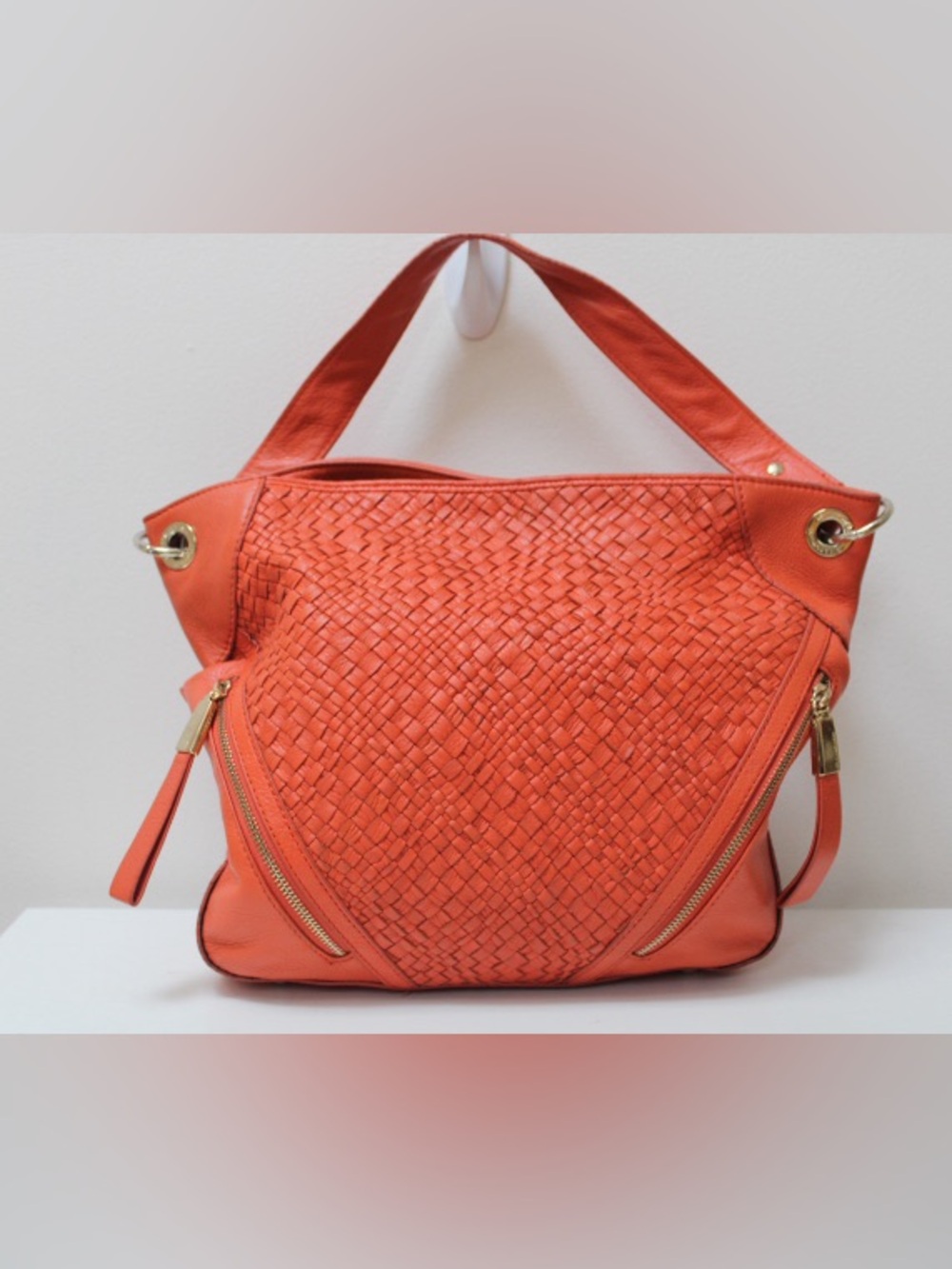 b. makowsky Woven Leather Hobo in Orange with Gold Hardware - Picture 2 of 13